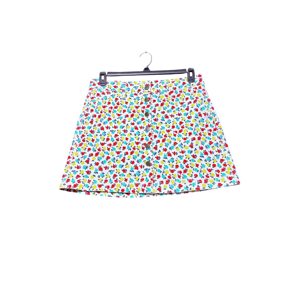 J.Crew Mercantile Mini Skirt Womens 6 White Floral Excellent Button Front L2190